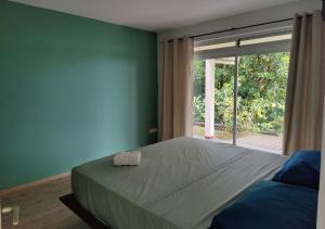 阿鲁埃Logement cozy avec Jardin的一间卧室设有一张大床和大窗户