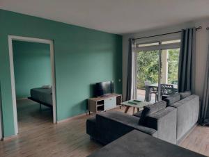 阿鲁埃Logement cozy avec Jardin的带沙发的客厅和带电视的客房。