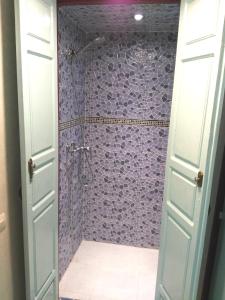 马拉喀什Shared apartment-Appartement en colocation tout confort centre ville的一间带淋浴的浴室,配有紫色的墙壁