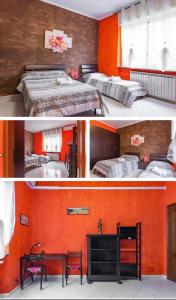 都灵Casa Metro Lingotto的卧室两张照片,卧室拥有橙色墙壁和床