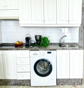巴耶格兰雷伊Molino Azul 3A, Wohnung mit Meerblick的白色的厨房配有洗衣机和水槽
