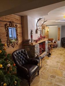 蒂罗尔-泽费尔德Zwei Hirsche的客厅配有圣诞树和壁炉