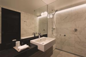 汉堡汉堡仓库城阿迪娜公寓酒店的浴室配有白色水槽和淋浴。