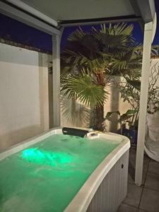 居让梅斯特拉Bassin Arcachon, Mais. 3 étoiles, spa, 500 m plage的浴室设有绿色水浴缸