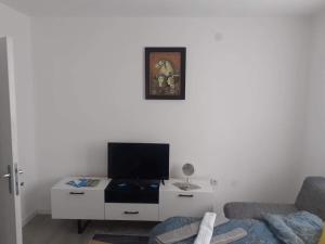 维舍格勒Apartmani Golubina - Visegrad的一间客厅,在白色的墙上配有电视