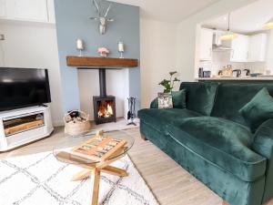 根斯堡6 Hillside Cottages的客厅设有绿色沙发和壁炉