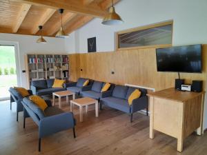 塞尔瓦迪加尔代纳山谷Chalet Dumbria Dolomites的客厅配有蓝色的沙发和平面电视。