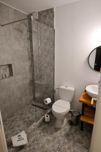 旧瓦马Vila Medusa的带淋浴、卫生间和盥洗盆的浴室
