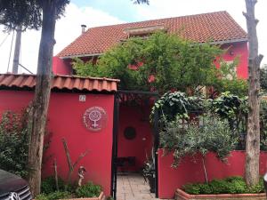 地拉那Red Goat Hostel的红色的房子,有红色的大门和树木