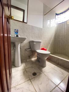 基多Hostal La Terraza的一间带卫生间和水槽的浴室
