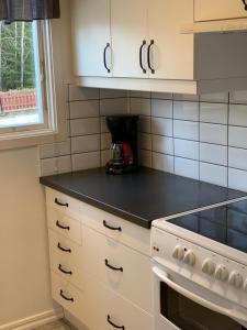 维默比Stuga i vassemåla的厨房配有白色橱柜和黑色台面