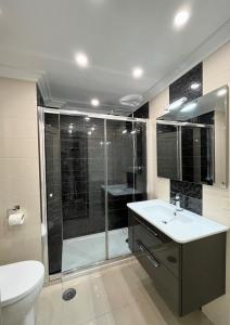 艾利亚德亚罗萨Apartamento Praia Naval的带淋浴、盥洗盆和卫生间的浴室