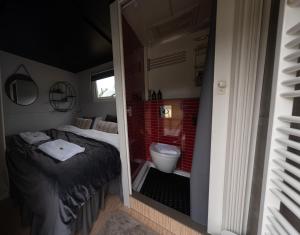 塞尔福斯Golden Circle Truck Hotel的一间卧室配有一张床,浴室设有卫生间