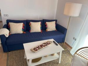 拉哈雷斯Casa Alaia的客厅配有一张蓝色的沙发,配有一张桌子
