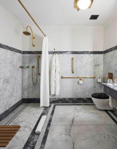 纽约The Hotel Chelsea的带淋浴、盥洗盆和卫生间的浴室