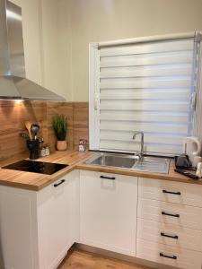 伏罗拉Vila Arial的厨房配有白色橱柜、水槽和窗户。