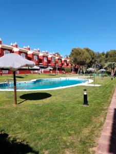 韦尔瓦Islantilla Club Golf的一个带遮阳伞的草地游泳池