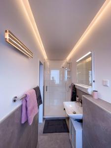万根沃格Golden Hour Apartment Wangerooge的一间带水槽、淋浴和镜子的浴室
