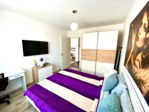 布拉索夫Relaxing Coresi Place的一间卧室配有一张床、一张书桌和一台电视。