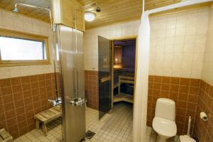 LeppäjärviTunturikeskus Galdotieva的浴室配有卫生间、淋浴和盥洗盆。