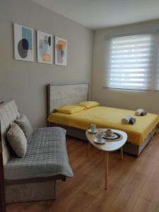 普卢日内Apartman Andjela的一间卧室配有两张床、一张沙发和一张桌子