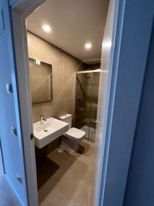 马德里Mars Suites Porras的一间带水槽、卫生间和淋浴的浴室