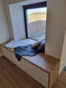 瓦图In de Voorstad Watou的一个小房子里的一个靠窗的座位,有毯子