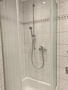 Tor zur Teufelsschlucht的带淋浴的浴室和玻璃门