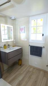 希索Chambre d'hôtes proche Chenonceau的一间带水槽和镜子的浴室以及窗户。