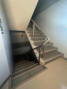 普卡尔帕Adrian´s Hotel的建筑物内带有金属栏杆的楼梯