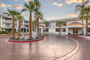 棕榈泉钻石度假村棕榈峡谷度假酒店的一座楼前有棕榈树的酒店