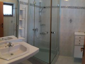 格绍Charming holiday home in Gosau的带淋浴和盥洗盆的浴室