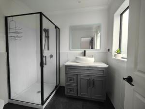 奥克兰Quality Stay Private Guest Room in Auckland的一间带水槽和玻璃淋浴的浴室