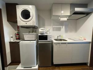 名户Ao Hotel的一个带水槽和洗衣机的小厨房