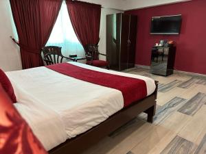 拉合尔Lawrence View Hotel Lahore的一间卧室配有一张红色墙壁的床