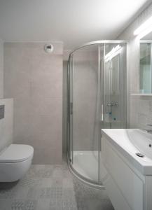 弗罗茨瓦夫Milo Aparthotel的带淋浴、卫生间和盥洗盆的浴室