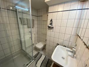 诺特海姆Apartment Häuserstraße 15的带淋浴、盥洗盆和卫生间的浴室