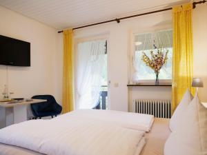 塞埃巴克Seebach-Hotel的一间卧室配有一张床、一张书桌和一个窗户。
