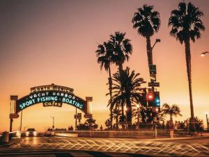 洛杉矶Modern 2BD & 2BTH Santa Monica 5 min to the Pier的一条种有棕榈树和交通灯的街道