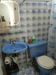 马尼拉The Terrace Room的浴室设有蓝色的卫生间和水槽。