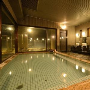 上田市中松屋传统日式旅馆的室内带灯的大型游泳池