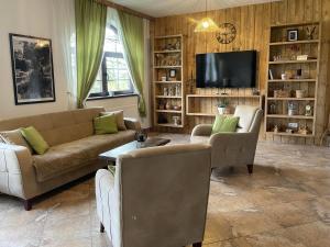 SohodolCasa meșterului的客厅配有沙发、椅子和电视