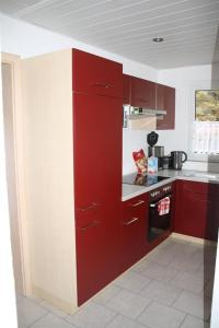 策勒Dogge, Ferienwohnung的一间带红色橱柜和炉灶的厨房
