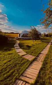 纳文丘夫Glamping Stacja Zieleniec w Nałęczowie的地面上的走道,建筑背景