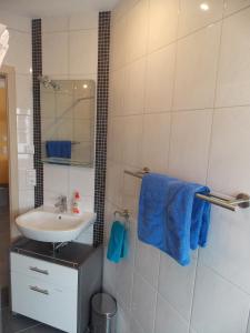 克尔贝格Ferienwohnung Sarah & Thorsten Blum的浴室配有水槽和带蓝色毛巾的淋浴
