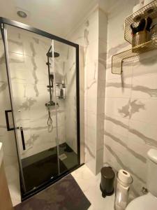 阿马多拉An elegant & cozy apartment的带淋浴的浴室和玻璃门