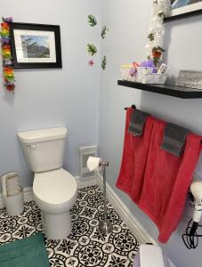 皮克图Seabank House Bed and Breakfast Aloha的一间带卫生间和红色毛巾的浴室