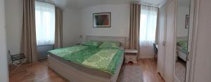 瓦图拉Vila Dubravka - lijepa i komforna u zelenilu maslenika i vinograda s jakuzzijem的一间卧室配有一张带绿色棉被的床和两个窗户。