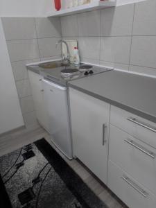 巴尼亚科维利亚查Ljuba的白色的小厨房配有水槽和洗碗机