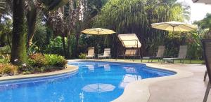 卡维塔Playa Negra Guesthouse的庭院内带椅子和遮阳伞的游泳池